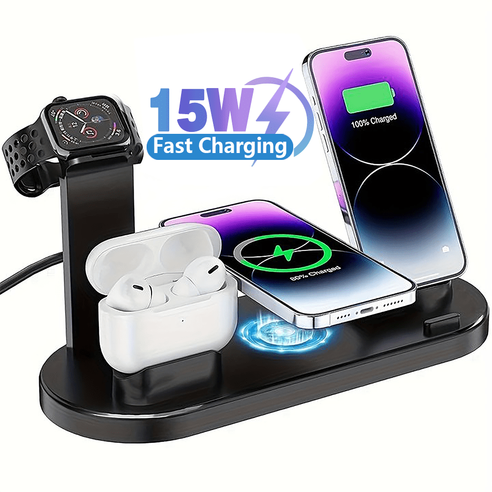 15W Fast Charging Station: Folding Wireless Charger Stand for Samsung, iPhone 15 to iPhone 11 Pro/Max/Mini/Plus, X, XR, XS/Max, SE, 8/Plus, Apple Watch 1-8, and AirPods 3/2/Pro