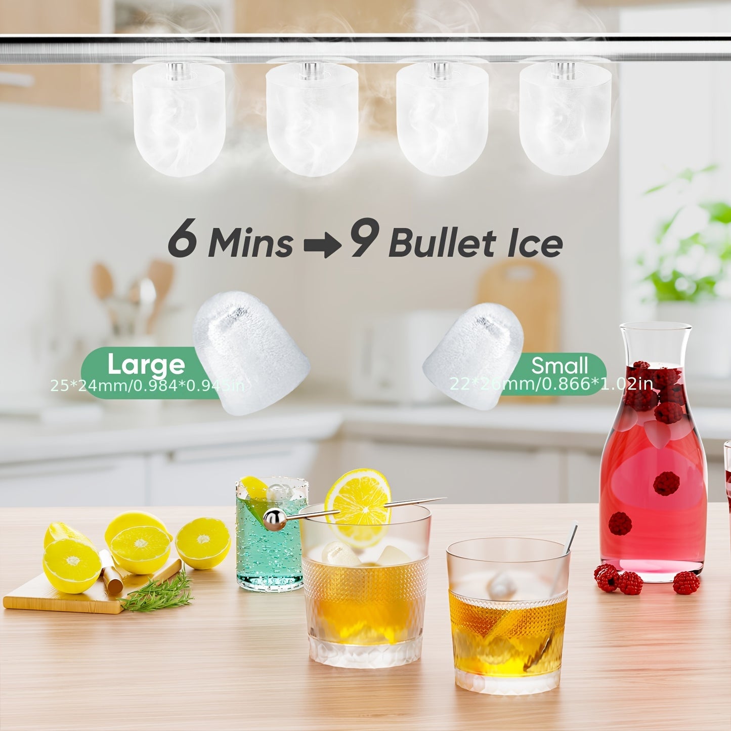 Countertop Ice Maker, Nugget Portable Ice Machine, 9 Bullet Ice Cubes in 6 Mins, 26.5lbs in 24Hrs Self-Cleaning with Handle, Basket, Scoop for Home, Kitchen/Party/Camping/RV