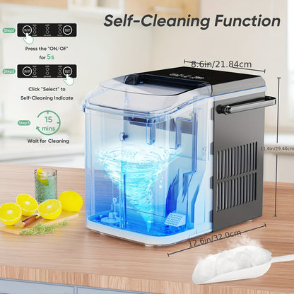 Countertop Ice Maker, Nugget Portable Ice Machine, 9 Bullet Ice Cubes in 6 Mins, 26.5lbs in 24Hrs Self-Cleaning with Handle, Basket, Scoop for Home, Kitchen/Party/Camping/RV