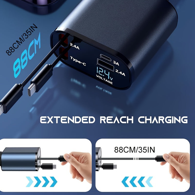 Retractable 4-in-1 Car Charger - 60W Super Fast Charging for iPhone & Android - Tangle-Free, Ultra-Quick Charging for Multiple Devices