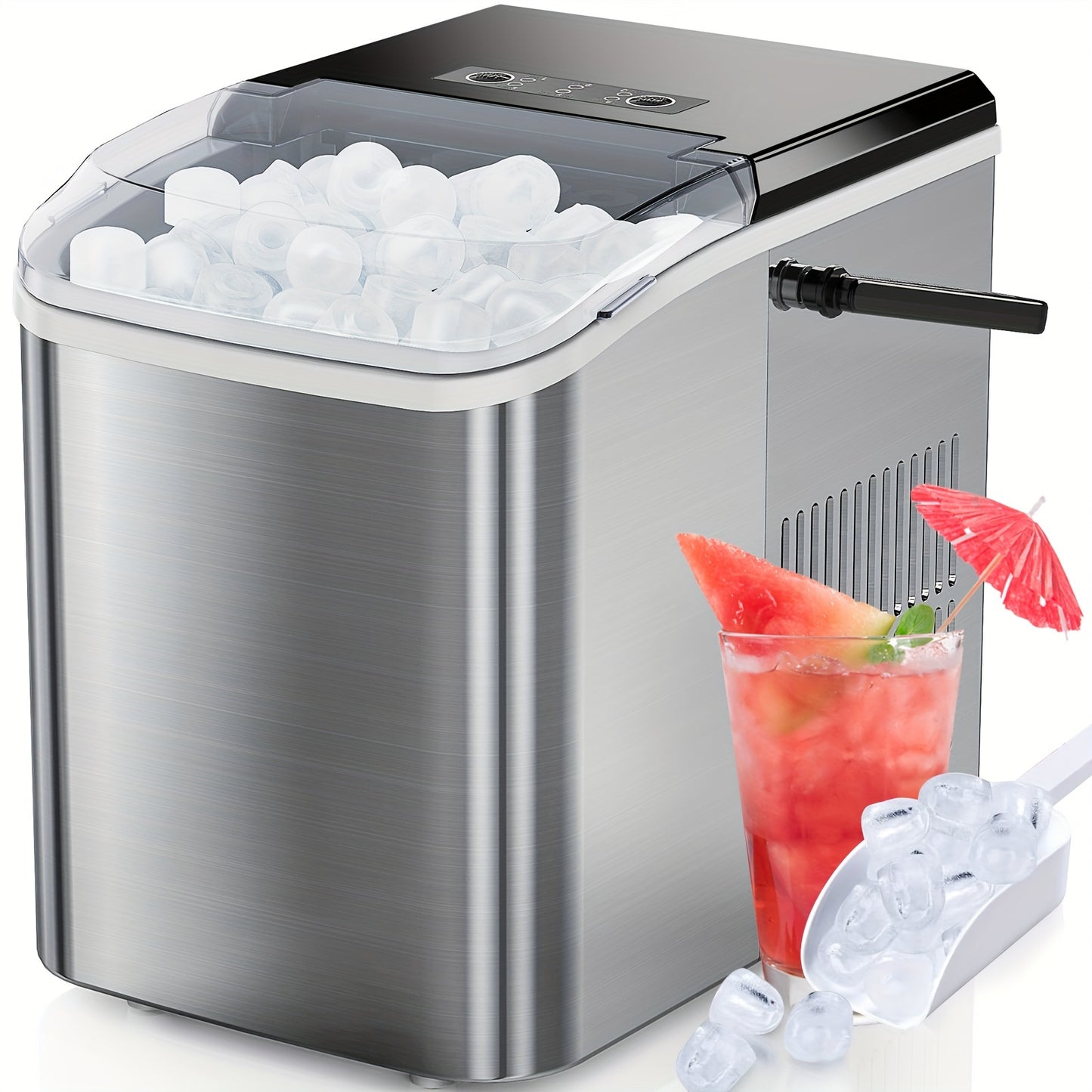 Countertop Ice Maker, Nugget Portable Ice Machine, 9 Bullet Ice Cubes in 6 Mins, 26.5lbs in 24Hrs Self-Cleaning with Handle, Basket, Scoop for Home, Kitchen/Party/Camping/RV