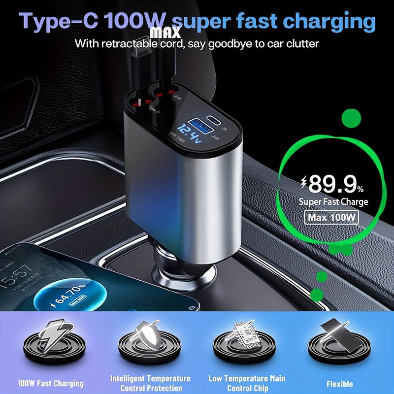 Retractable 4-in-1 Car Charger - 60W Super Fast Charging for iPhone & Android - Tangle-Free, Ultra-Quick Charging for Multiple Devices