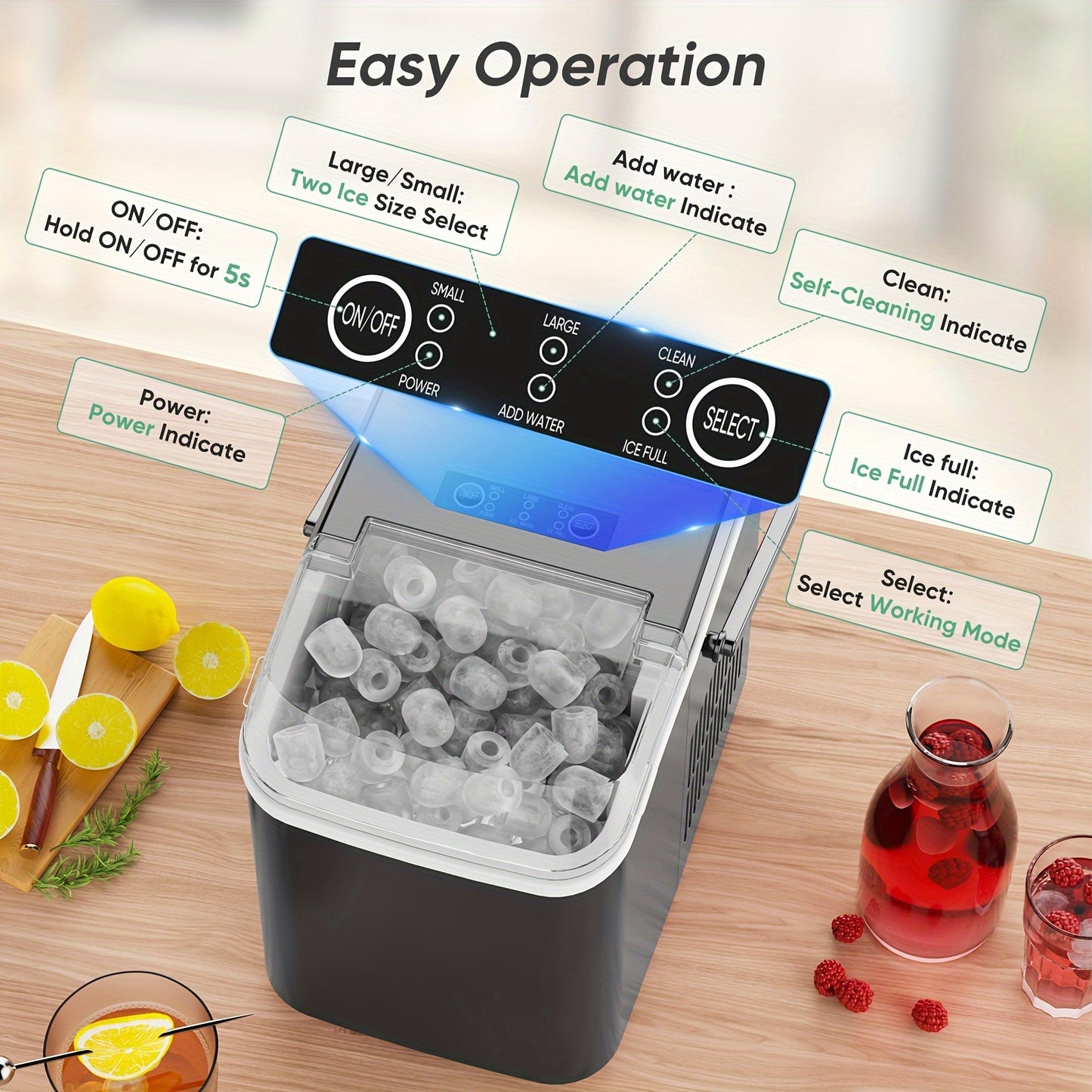 Countertop Ice Maker, Nugget Portable Ice Machine, 9 Bullet Ice Cubes in 6 Mins, 26.5lbs in 24Hrs Self-Cleaning with Handle, Basket, Scoop for Home, Kitchen/Party/Camping/RV